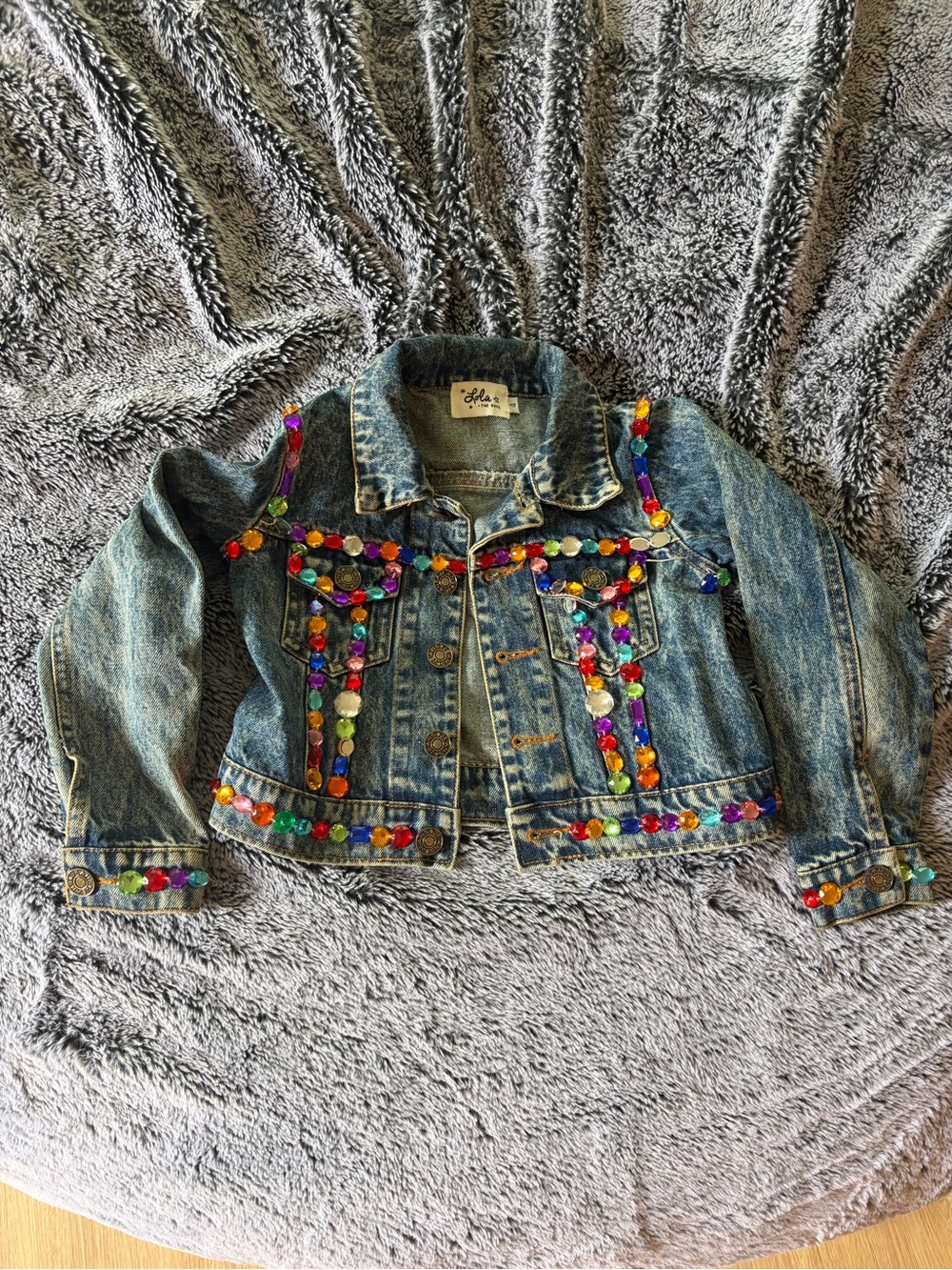 lola Blue Denim Jacket with Multicolor Gem Accents